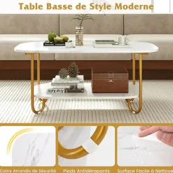 Table Basse Ovale à 2 Niveaux 100x50x45CM-Plateau en Faux Marbre et Etagère Ouverte-Charge 50+25KG-4 Patins de Protection