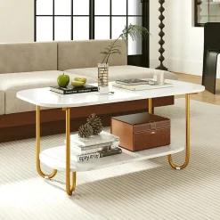 Table Basse Ovale à 2 Niveaux 100x50x45CM-Plateau en Faux Marbre et Etagère Ouverte-Charge 50+25KG-4 Patins de Protection