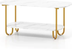 Table Basse Ovale à 2 Niveaux 100x50x45CM-Plateau en Faux Marbre et Etagère Ouverte-Charge 50+25KG-4 Patins de Protection