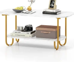 Table Basse Ovale à 2 Niveaux 100x50x45CM-Plateau en Faux Marbre et Etagère Ouverte-Charge 50+25KG-4 Patins de Protection