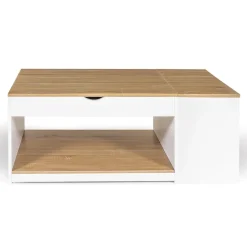 Table basse plateau relevable rectangulaire ELEA avec coffre bois blanc et façon hêtre