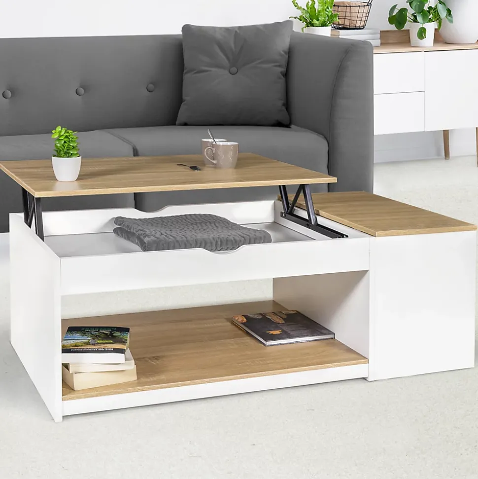 Table basse plateau relevable rectangulaire ELEA avec coffre bois blanc et façon hêtre