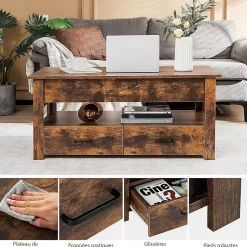 Table Basse Relevable avec 2 Tiroirs Charge 50KG avec Compartiment Caché 1 Etagere Ouverte