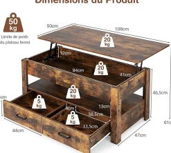 Table Basse Relevable avec 2 Tiroirs Charge 50KG avec Compartiment Caché 1 Etagere Ouverte