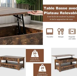Table Basse Relevable avec 2 Tiroirs Charge 50KG avec Compartiment Caché 1 Etagere Ouverte