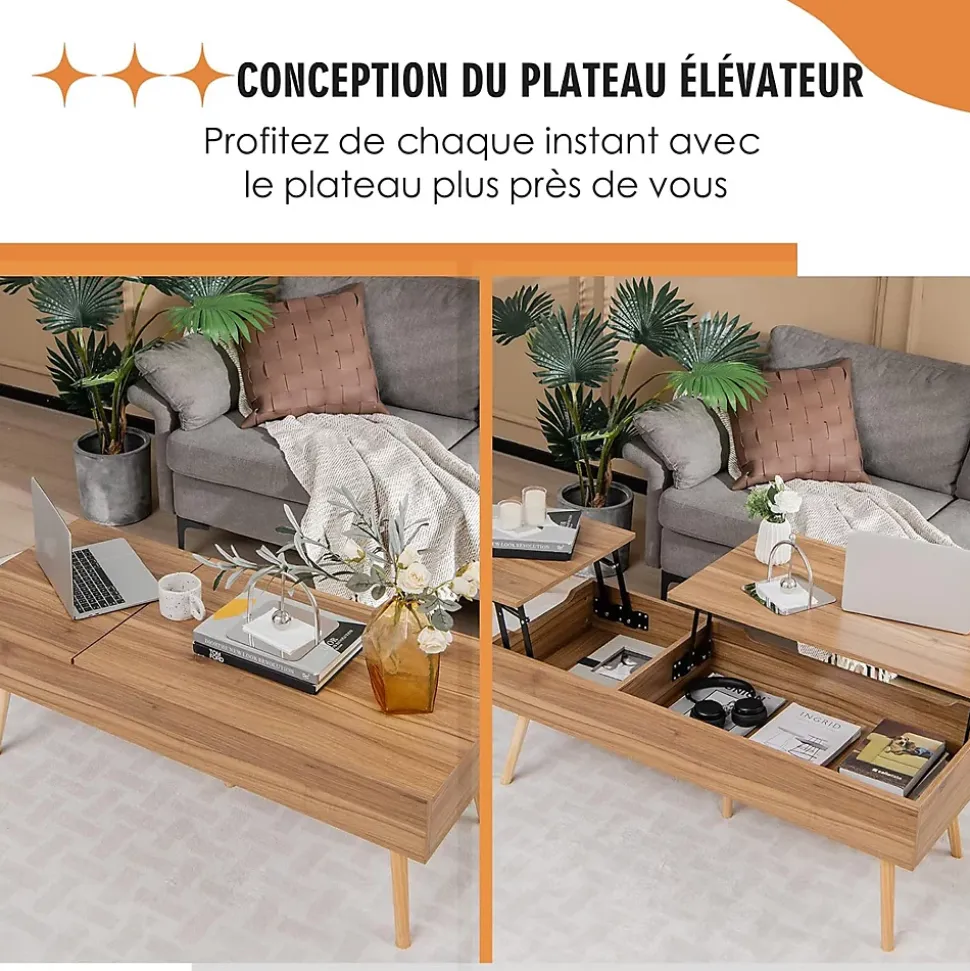 Table Basse Relevable,145x74,5x57cm,2 Plateaux Relevables,2 Compartiments Cachés,5 Pieds en Bois Solide-,Style Moderne,Noyer