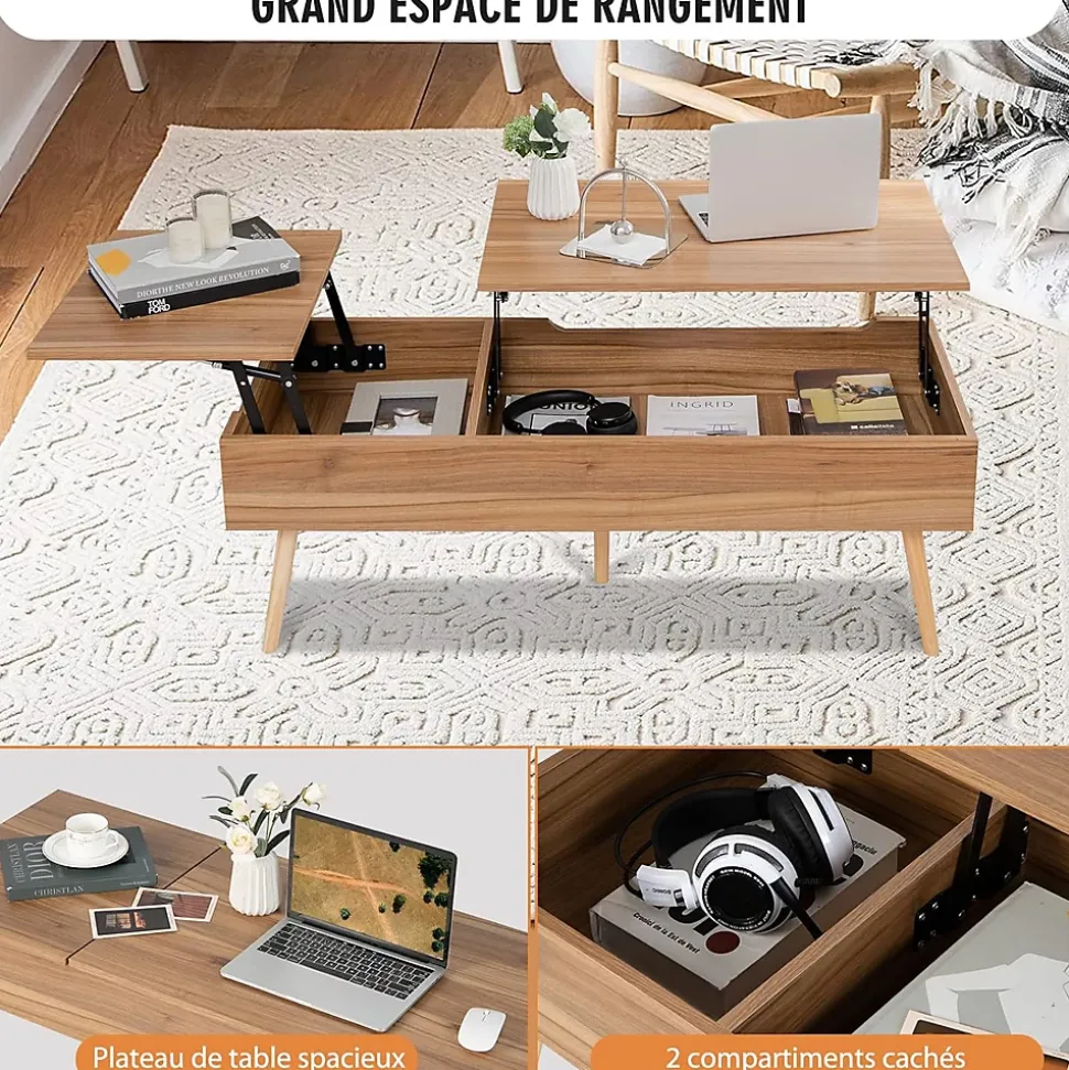 Table Basse Relevable,145x74,5x57cm,2 Plateaux Relevables,2 Compartiments Cachés,5 Pieds en Bois Solide-,Style Moderne,Noyer