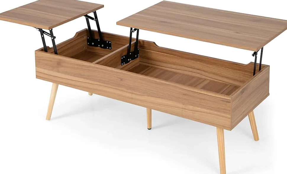 Table Basse Relevable,145x74,5x57cm,2 Plateaux Relevables,2 Compartiments Cachés,5 Pieds en Bois Solide-,Style Moderne,Noyer