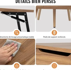 Table Basse Relevable,145x74,5x57cm,2 Plateaux Relevables,2 Compartiments Cachés,5 Pieds en Bois Solide-,Style Moderne,Noyer
