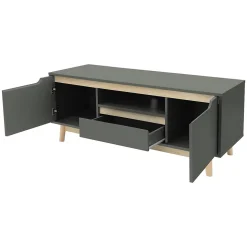 Table basse TV armoire vert-naturel 2 portes tiroir étagère commode 120x40x46cm