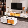 Table basse/meuble TV modulable, verre trempé, cadre aluminium, tiroirs ondulés, pieds et poignées dorés, plateau marbre
