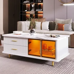 Table basse/meuble TV modulable, verre trempé, cadre aluminium, tiroirs ondulés, pieds et poignées dorés, plateau marbre