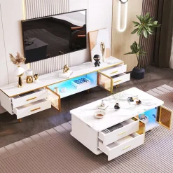 Table basse/meuble TV modulable, verre trempé, cadre aluminium, tiroirs ondulés, pieds et poignées dorés, plateau marbre