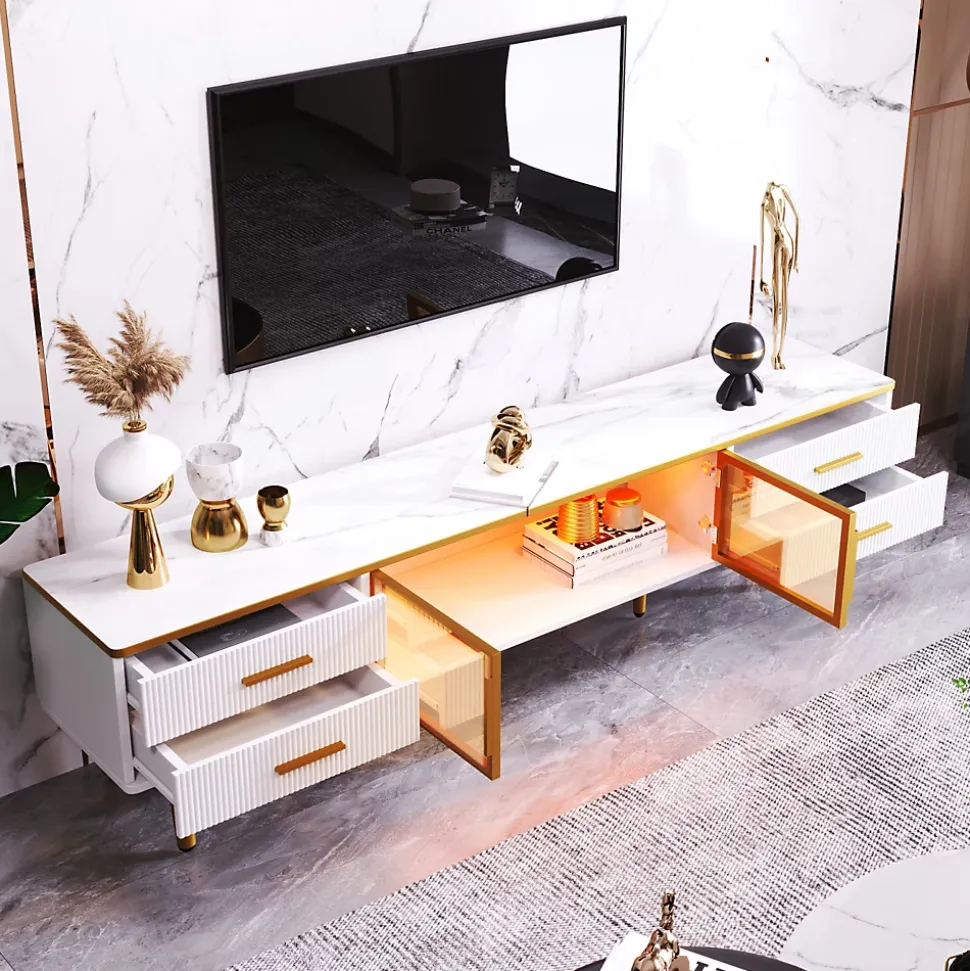 Table basse/meuble TV modulable, verre trempé, cadre aluminium, tiroirs ondulés, pieds et poignées dorés, plateau marbre