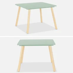 Table carrée enfant avec 2 chaises. pieds en pin. vert