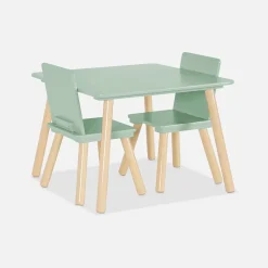Table carrée enfant avec 2 chaises. pieds en pin. vert