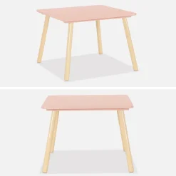 Table carrée enfant avec 2 chaises. pieds en pin. rose