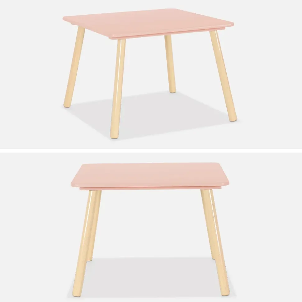 Table carrée enfant avec 2 chaises. pieds en pin. rose