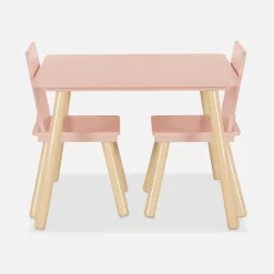 Table carrée enfant avec 2 chaises. pieds en pin. rose