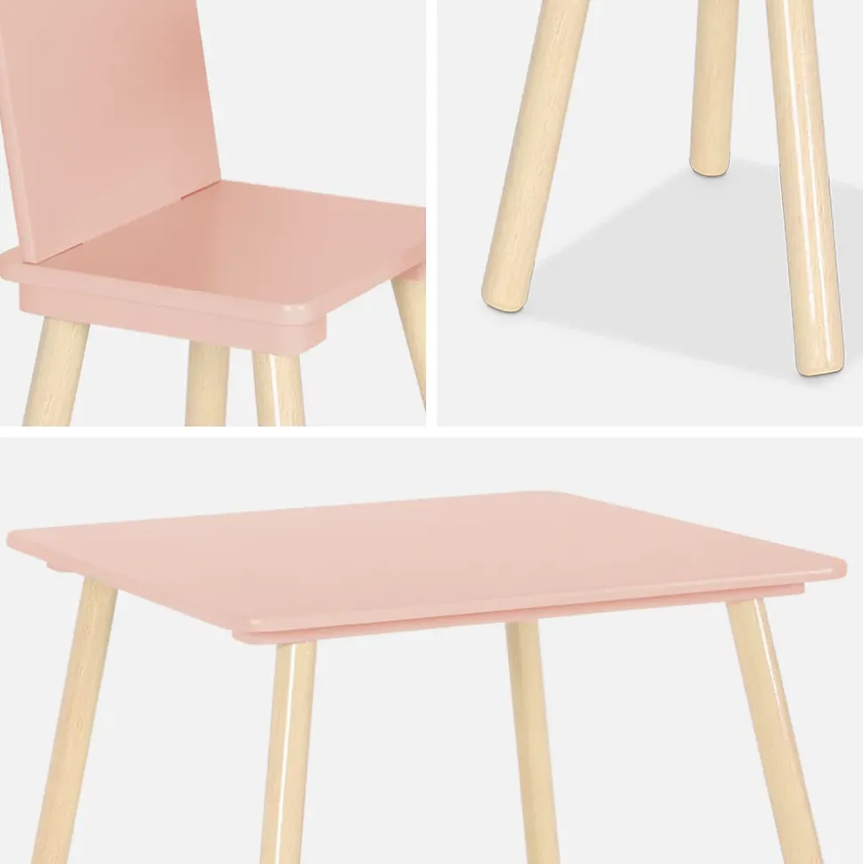 Table carrée enfant avec 2 chaises. pieds en pin. rose