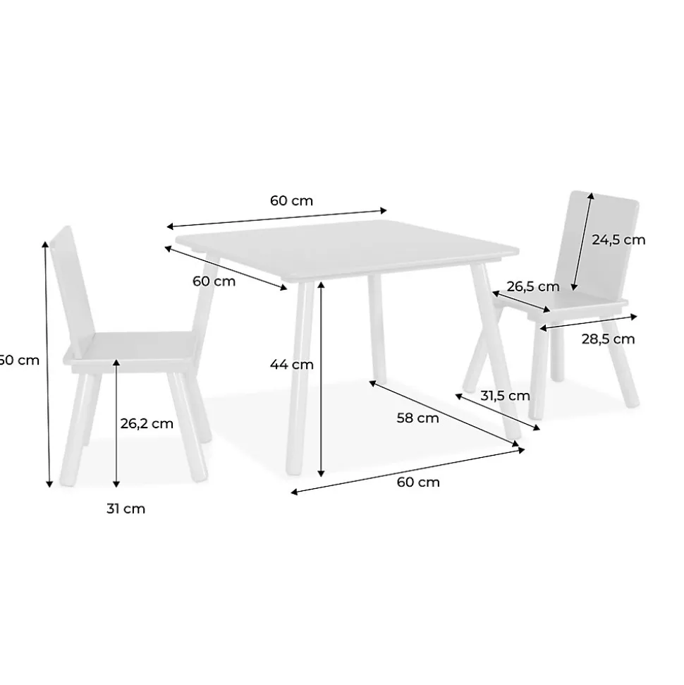 Table carrée enfant avec 2 chaises. pieds en pin. rose