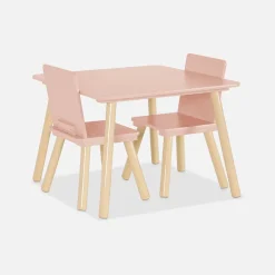Table carrée enfant avec 2 chaises. pieds en pin. rose