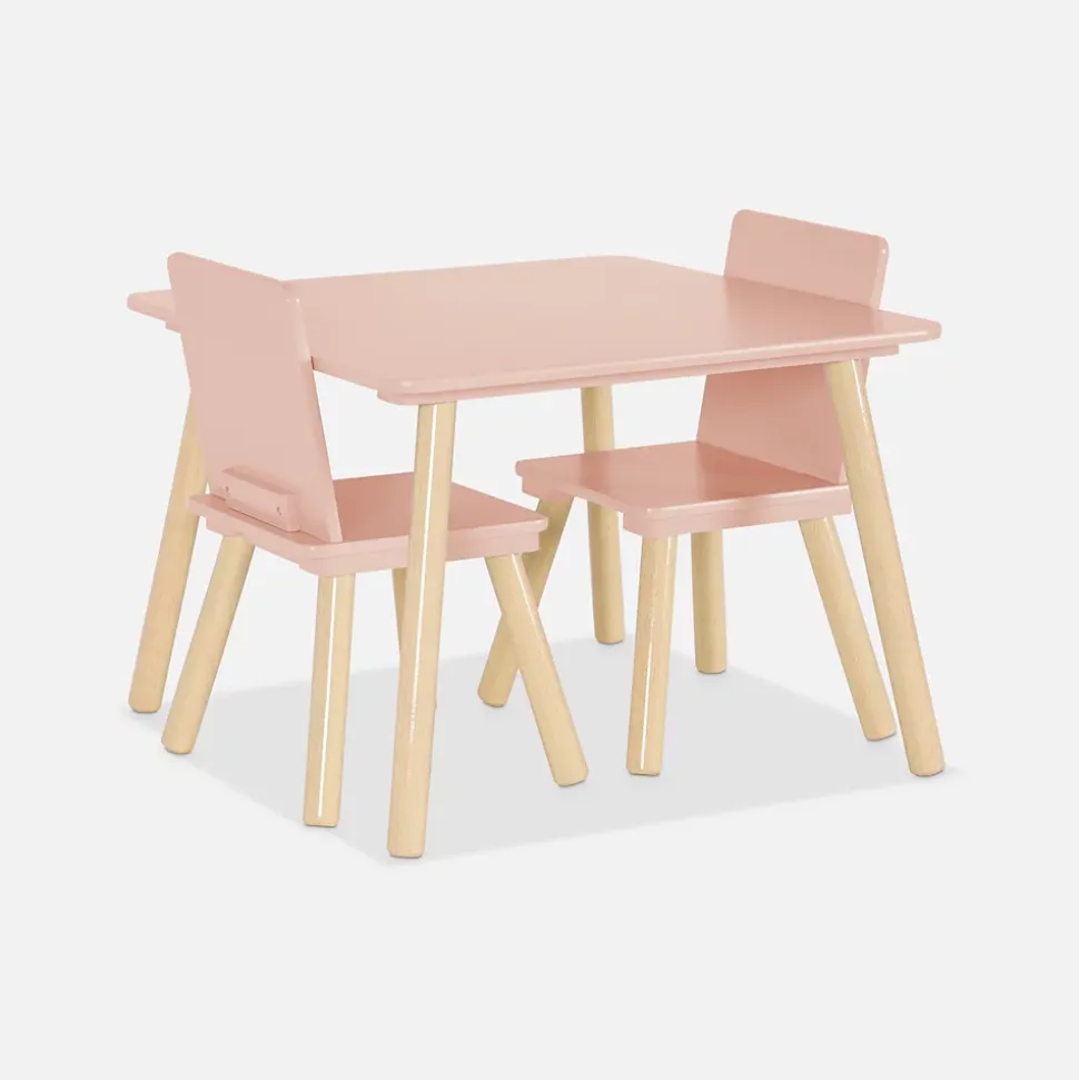 Table carrée enfant avec 2 chaises. pieds en pin. rose