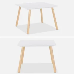 Table carrée enfant avec 2 chaises. pieds en pin. blanc