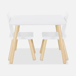 Table carrée enfant avec 2 chaises. pieds en pin. blanc