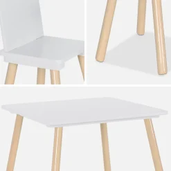 Table carrée enfant avec 2 chaises. pieds en pin. blanc