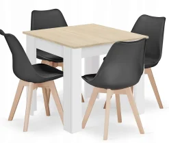 Table carrée VALORA avec 4 chaises RIXK noires - Chêne Sonoma 80x80