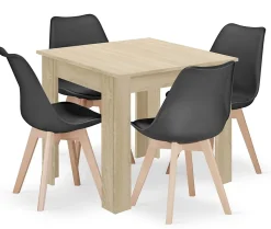 Table carrée VALORA avec 4 chaises RIXK noires - Chêne Sonoma x4