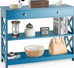 Table Console 3 Niveaux Design et Moderne, Table d'appoint avec 2 étagère et Tiroirs 2 Croix (Tiroir, Bleu)