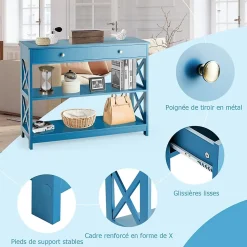 Table Console 3 Niveaux Design et Moderne, Table d'appoint avec 2 étagère et Tiroirs 2 Croix (Tiroir, Bleu)