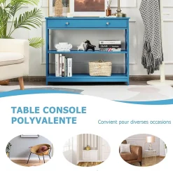 Table Console 3 Niveaux Design et Moderne, Table d'appoint avec 2 étagère et Tiroirs 2 Croix (Tiroir, Bleu)