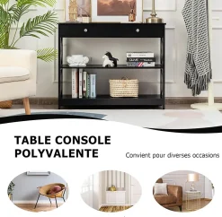 Table Console 3 Niveaux Design et Moderne Table appoint avec 2 étagère et Tiroirs 2 Croix Noir