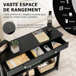 Table Console 3 Niveaux Design et Moderne Table appoint avec 2 étagère et Tiroirs 2 Croix Noir