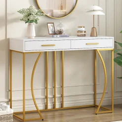 Table console blanche et structure couleur dorée avec 2 tiroirs