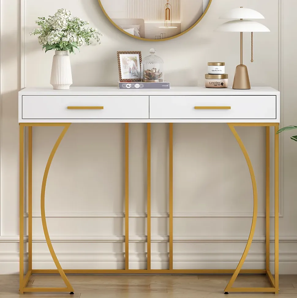 Table console blanche et structure couleur dorée avec 2 tiroirs