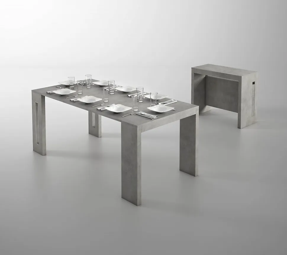 Table console extensible 8 couverts GRANDEZZA effet béton 80 cm avec allonges intégrées TERRANEO