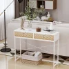 Table console industriel 2 tiroirs aspect bois de chêne sculpté motif à chevrons piètement métal blanc