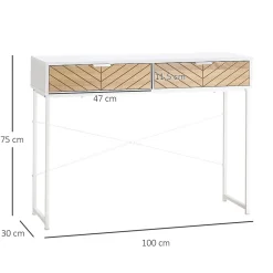 Table console industriel 2 tiroirs aspect bois de chêne sculpté motif à chevrons piètement métal blanc