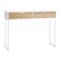 Table console industriel 2 tiroirs aspect bois de chêne sculpté motif à chevrons piètement métal blanc