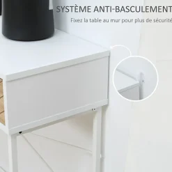 Table console industriel 2 tiroirs aspect bois de chêne sculpté motif à chevrons piètement métal blanc