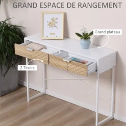 Table console industriel 2 tiroirs aspect bois de chêne sculpté motif à chevrons piètement métal blanc