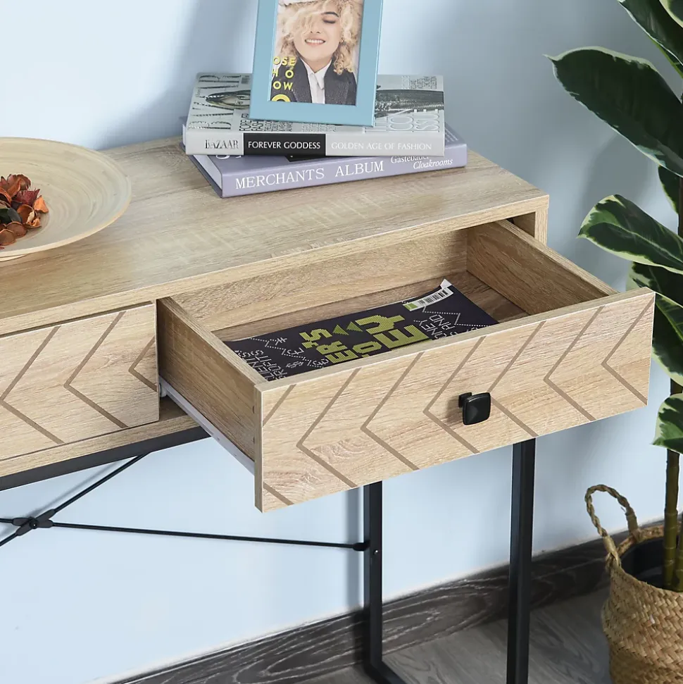 Table console industriel 2 tiroirs bois naturel pieds métal dim. 90 x 35 x 76 cm