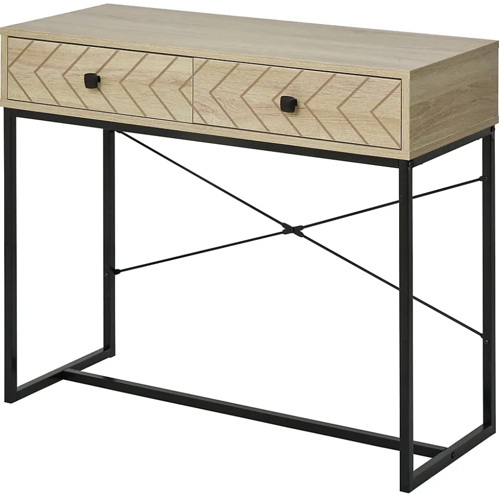 Table console industriel 2 tiroirs bois naturel pieds métal dim. 90 x 35 x 76 cm