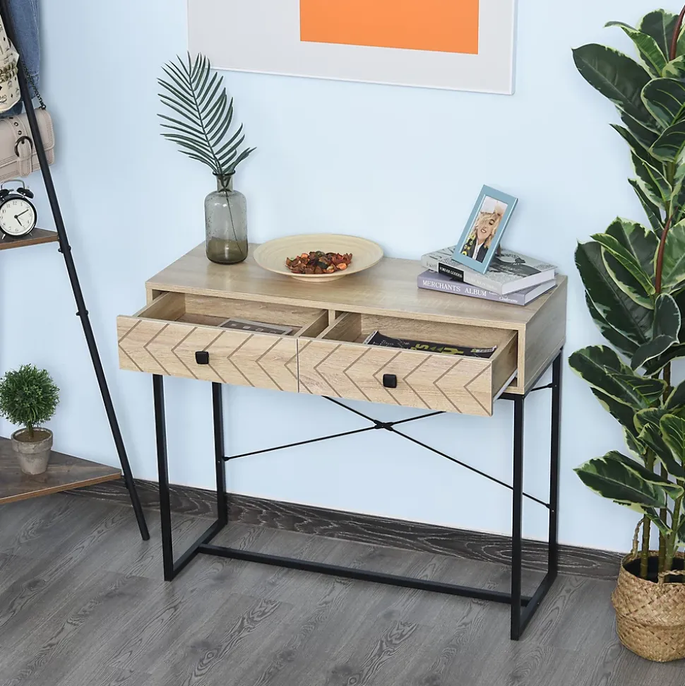 Table console industriel 2 tiroirs bois naturel pieds métal dim. 90 x 35 x 76 cm