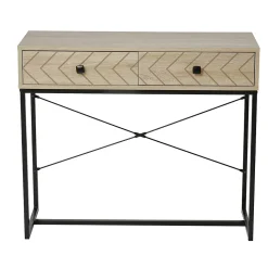 Table console industriel 2 tiroirs bois naturel pieds métal dim. 90 x 35 x 76 cm