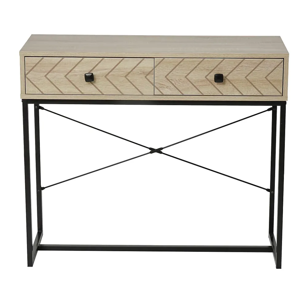 Table console industriel 2 tiroirs bois naturel pieds métal dim. 90 x 35 x 76 cm